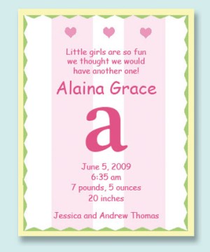pink and green with yellow border baby announcments with hearts